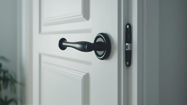 Moderne zwarte deurhandgreep op witte houten deur in het interieur Knob close-up elementen deur Generatieve AI