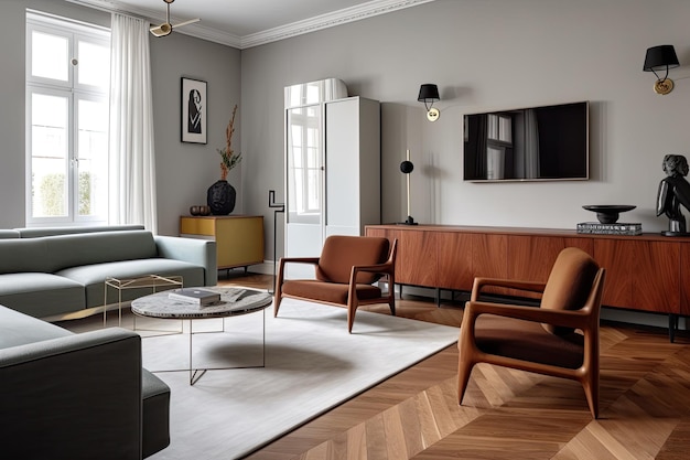 Modernist apartment with sleek and minimalist design featuring vintage art deco furniture