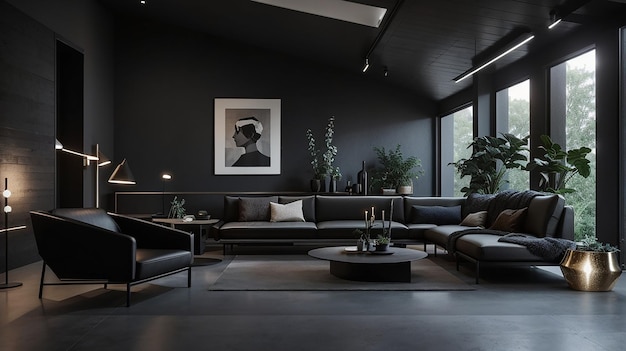 Photo a modernist dark night house hall room with sleek minimalist decor and a hint of industrial chic