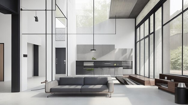 A modernist house hall room with sleek minimalist decor and a hint of industrial chic