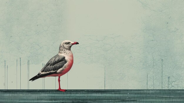 Photo modernist illustration of seagull on wooden deck