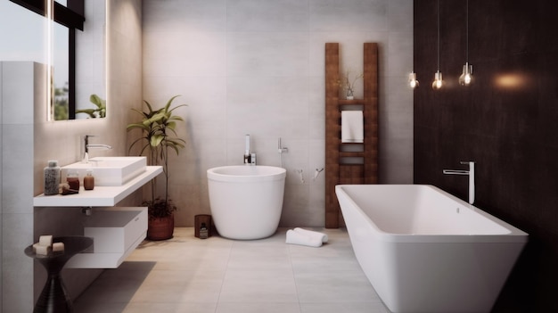 Modernistisch badkamerinterieur met een wit kleurenschema Generatieve AI AIG27
