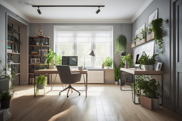 Modernistisch thuiskantoorinterieurontwerp met natuurlijke lichtplanten en modern meubilair voor een product