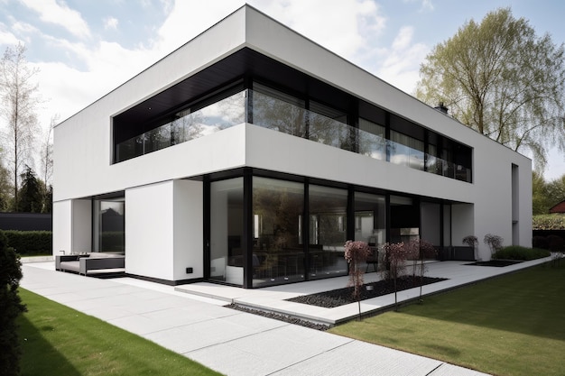 Modernistische woning met minimalistische en strakke exterieurdetails gecreëerd met generatieve ai