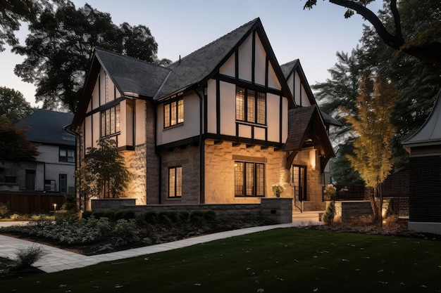 Modernized exterior of tudorstyle house surrounded by contemporary landscaping and lighting