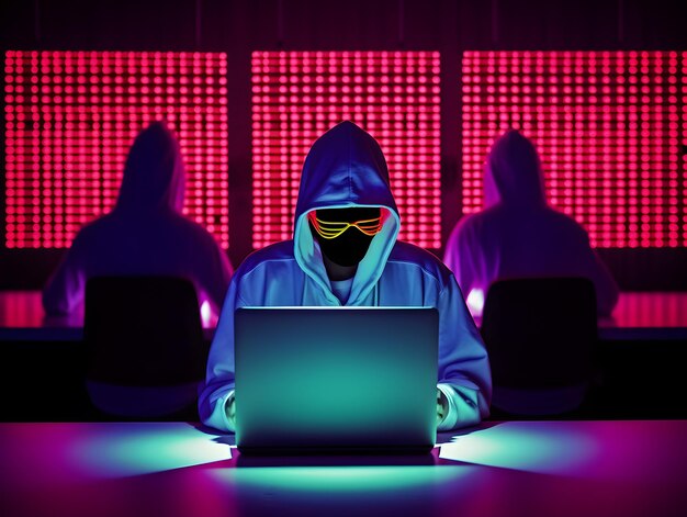 Modernized hacker with hoodie concept of hacker group organization or association
