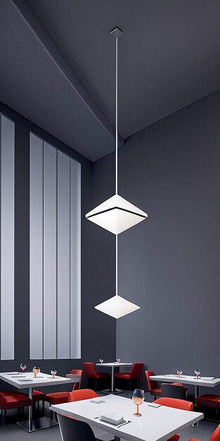 Photo modernminimalist chandelier of sleek metal and geometric shapesilluminates a trendy restaurant