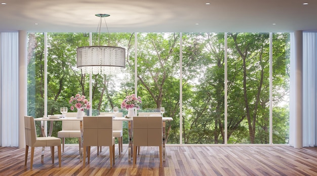 Modernstyle dining room 3D Render large surrounded by nature