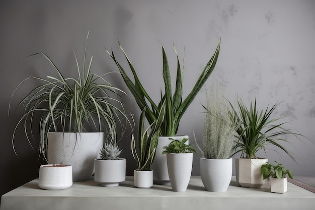 Комнатные растения в стиле модерн в современных бетонных горшках с минималистскими аксессуарами