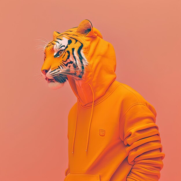 Modetijger in hoodie Oranje kleur monochroom portret Generatieve AI