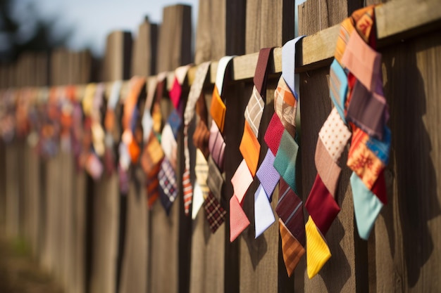 Foto modieus gebonden boeiende close-up van kleurrijke stof vastgebonden aan een bruin houten hek
