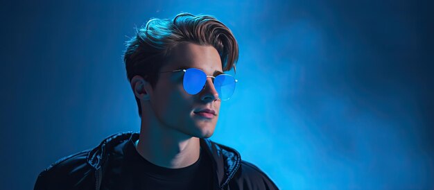 Modieus mannelijk model met zwarte kleding en bril poseert tegen een blauwe achtergrond met gemengde neonverlichting die trendy modestijl voor tieners laat zien