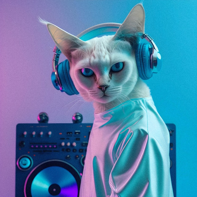 Modieus portret van antropomorfe schattige kat dj illustartion granulaire texturexA