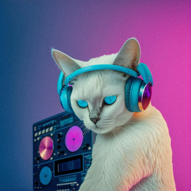 Modieus portret van antropomorfe schattige kat dj illustartion granulaire texturexA