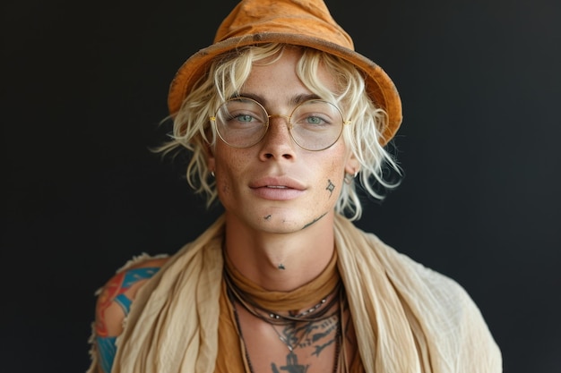 modieus portret van een jonge man met tatoeages op een zwarte achtergrond