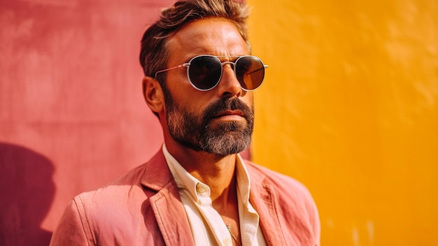 Foto modieus portret van een man met een zonnebril op een droomachtige pastelkleurige achtergrond ontdek de nieuwste trends in de zomermode voor mannen en laat je inspireren door deze chique en levendige foto