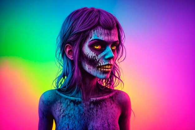 Modieus portret van een mooi zombiemeisje met lichte make-up op een gekleurde achtergrond Halloween Generative AI