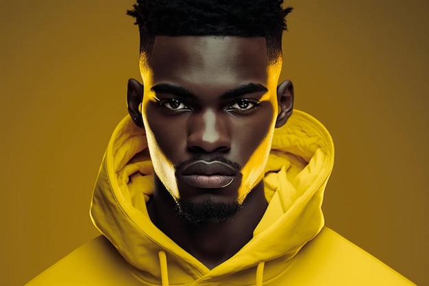 Modieus portret van een zwarte man met een geel sweatshirt met capuchon op een gele achtergrond AI-generatie