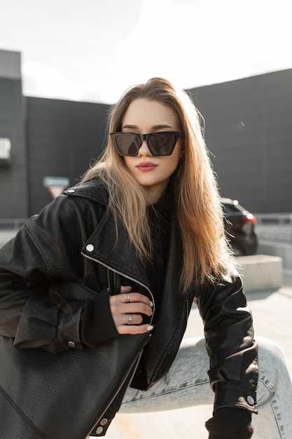 Modieus rock stijlvol meisje met trendy zonnebril in modieuze leren jas en coole zwarte leren tas in de stad