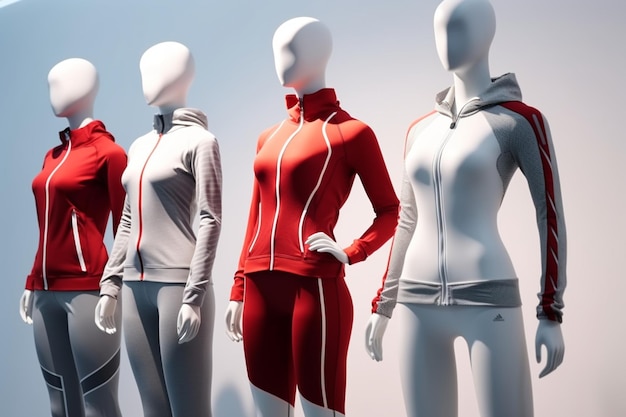 Modieus sportkledingensemble tentoongesteld op mannequins en kledingstands