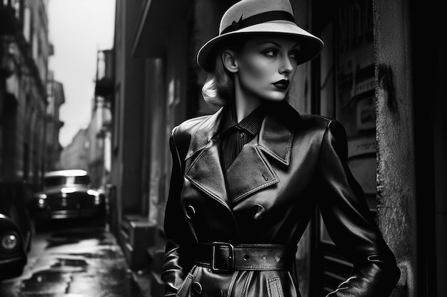 Modieus vrouwelijk model in stijlvolle retrostijlkleding op straat in de stad Vintage mode uit de jaren 80 Generatieve AI-illustratie