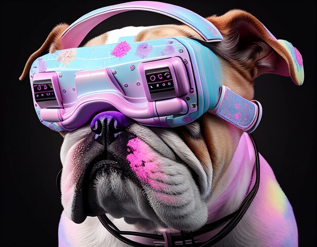 Modieuze buldog met VR-headset in fairy kei-stijl