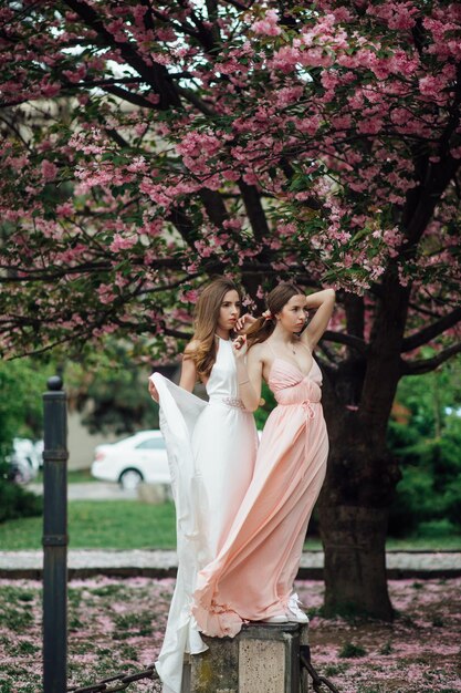 Modieuze dame poseert in de buurt van een bloeiende boom. Twin Girls Schoonheid en mode voor dames.