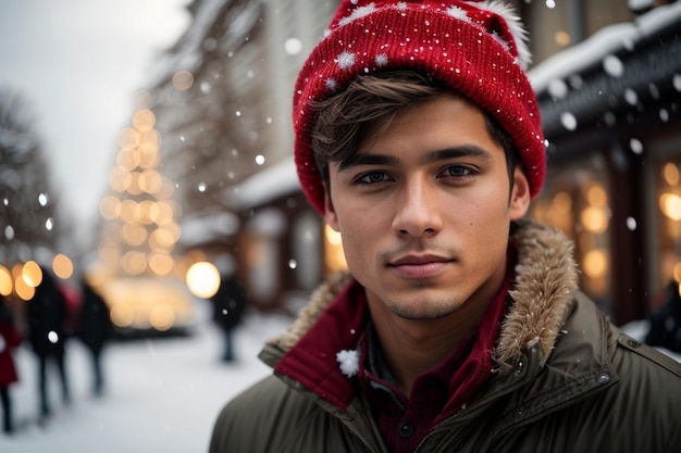 Modieuze jonge man in winterkleding tegen een sneeuwachtige achtergrond