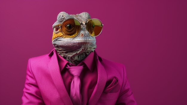 Foto modieuze kameleon reptiel met een kleurveranderend pak