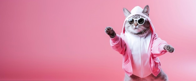 Modieuze kat met zonnebril en hoodie speelt een speelse pose op een roze achtergrond met genoeg ruimte voor uw tekst