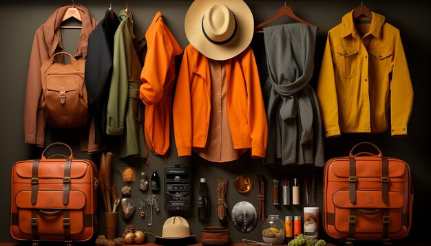 Foto modieuze kledingcollectie in een moderne boetiekwinkel, perfect voor reizen, gegenereerd door kunstmatige intelligentie
