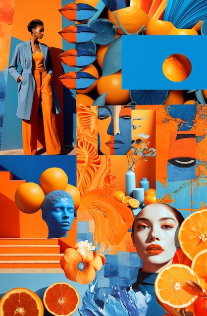 Modieuze kleuren moodboard xAColors van het seizoen oranje en blauwe combinatie Magazine clipping collage design