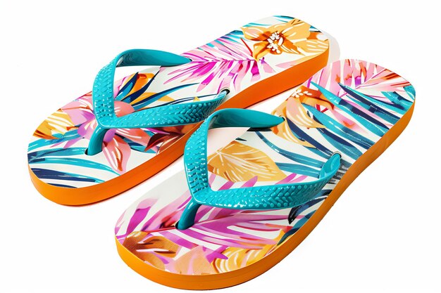 Modieuze kleurrijke flip-flops met tropisch ontwerp geïsoleerd op transparante achtergrond