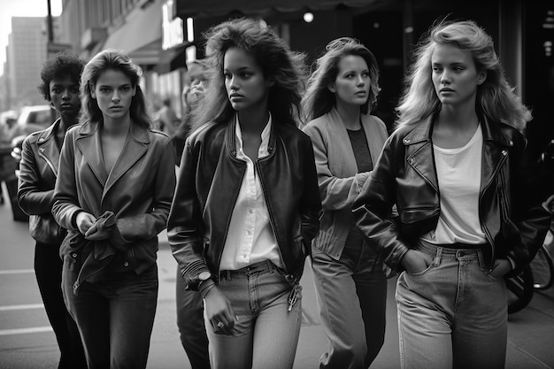 Modieuze meisjes professionele fashion modellen poseren in stijlvolle kleding op straat van de stad Vintage retro mode van de jaren 1980 en 1990 generatieve AI