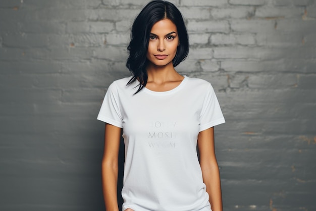 modieuze moderne vrouw die witte modelt-shirt draagt