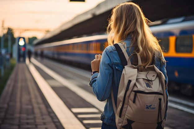 Modieuze Vrouw die met Rugzak op Trein wachten bij Postvoorraadbeeld voor Tra