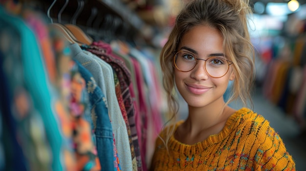 Modieuze vrouw met een bril in een kledingwinkel