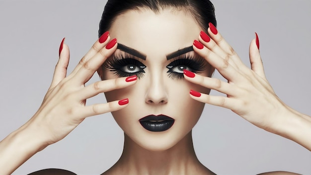 Modieuze vrouw met moderne creatieve make-up met valse wimpers rode manicure