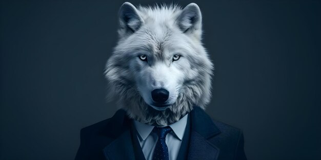 Foto modieuze witte wolf in modern pak en stropdas die charismatische menselijke houding belichaamt concept mode wildlife animal style attitude