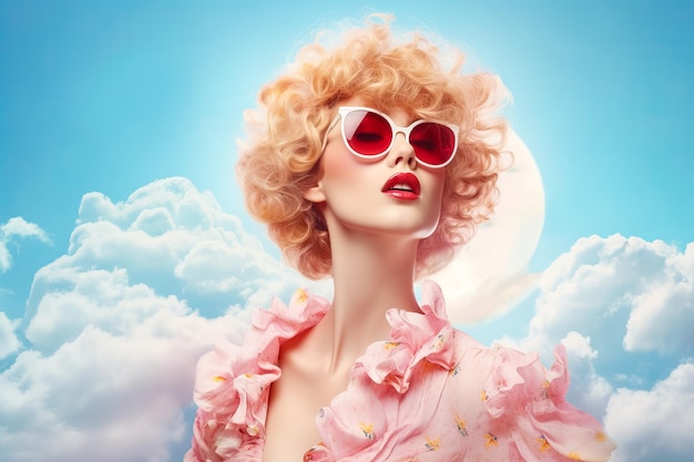 modieuze zomer blonde met krullend kapsel trendy zonnebril op hemel achtergrond mode omslag