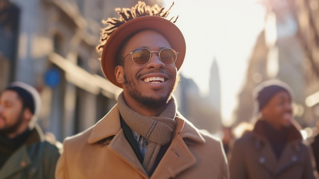 Modish young men in the city showcasing their style with genuine smiles