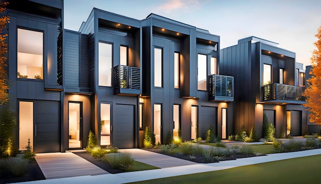 modular house building in the evening on a beautiful street