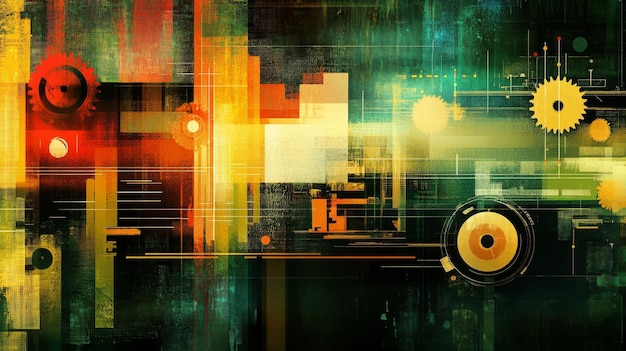 modular programming concepts and coding efficiency can be illustrated in an abstract modern style using abstract gears and geometric shapes