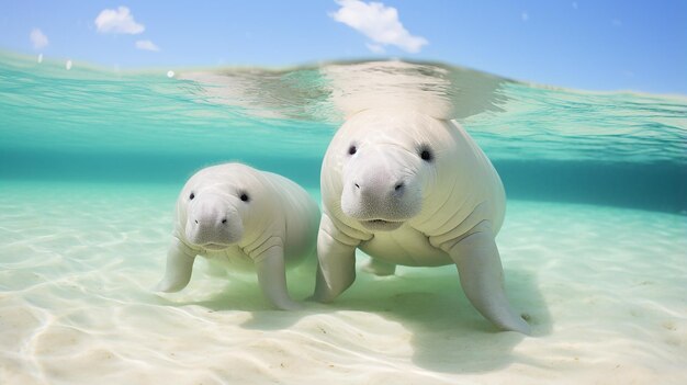 Foto moeder dugong leert baby zwemmen