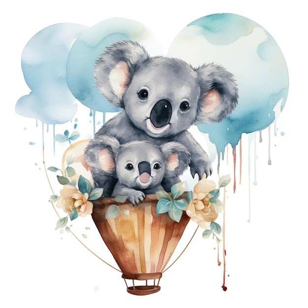 Moeder en baby koala in hete luchtballon in aquarel stijl