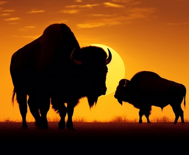 Moeder en Cub Bison silhouetten op avondrood in weide Avondlandschap wilde natuur AI Generatief