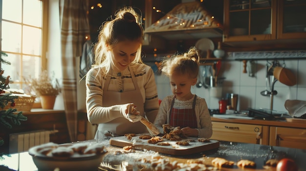 Moeder en dochter bakken kerstkoekjes in de keuken. Ze dragen allebei schorten en zijn bedekt met meel.