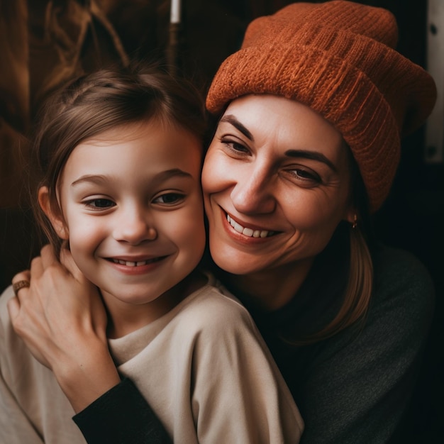 Moeder en dochter familieportret binnenshuis