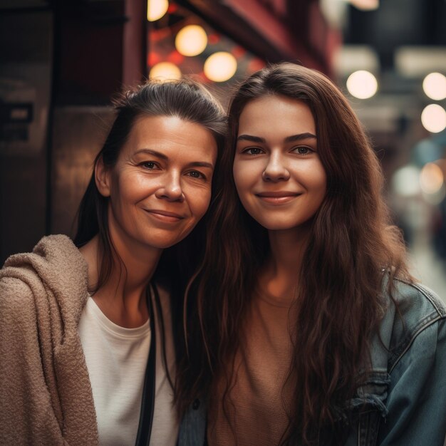 Moeder en dochter familieportret buitenshuis