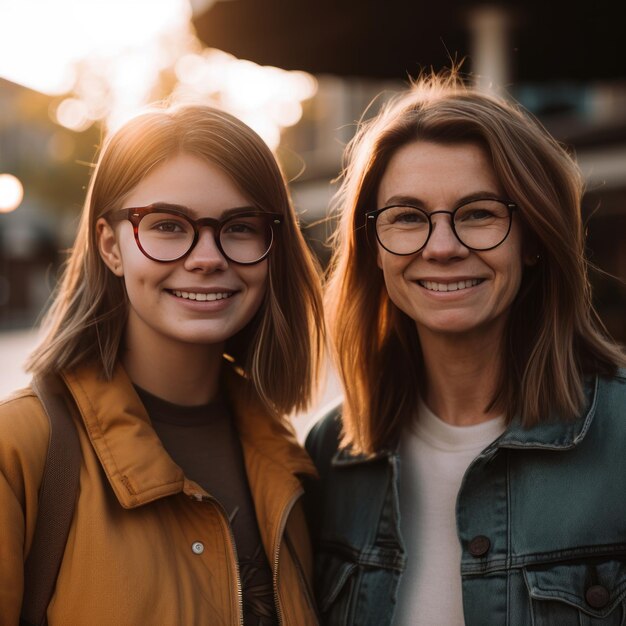 Moeder en dochter familieportret buitenshuis